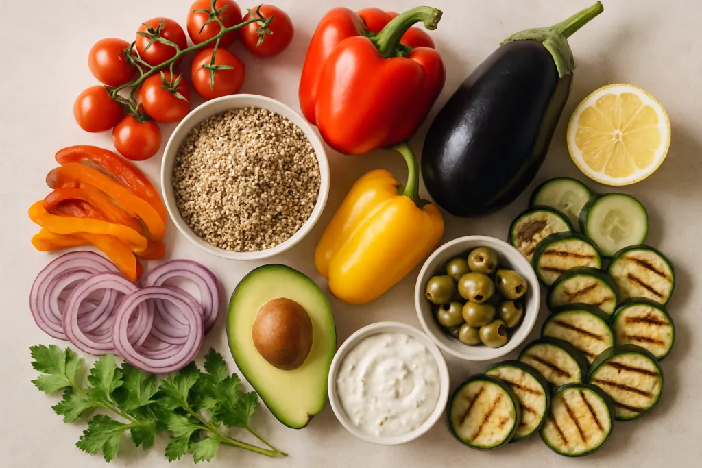 Ingrédients pour Batch Cooking Bowl Méditerranéen aux Légumes Grillés et Quinoa
