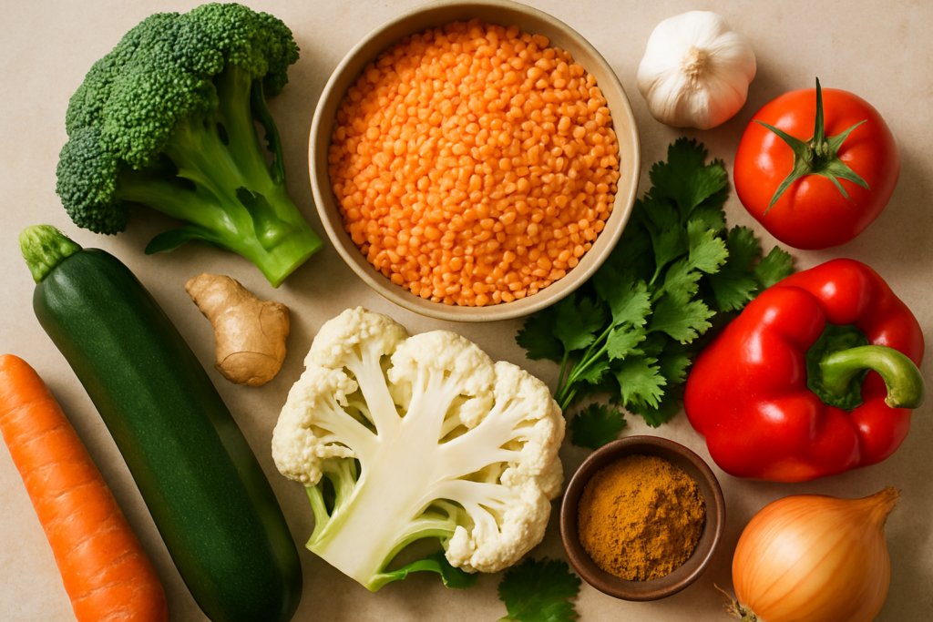 Ingrédients pour Curry de Légumes Sans Gluten aux Lentilles Corail Parfumé