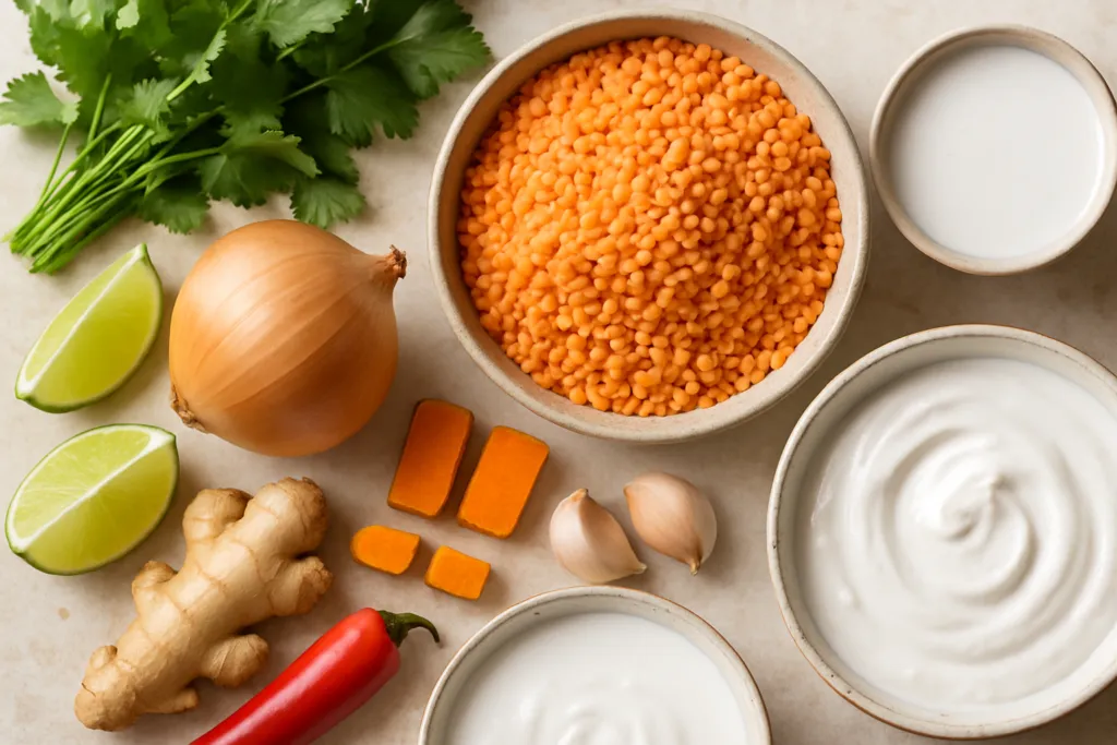 Ingrédients pour Curry de Lentilles Corail Sans Lait au Lait de Coco