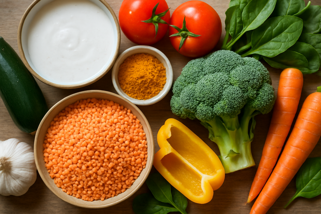 Ingrédients pour Curry de Lentilles Corail Vegan aux Légumes de Saison