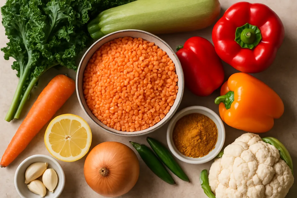 Ingrédients pour Curry de Lentilles Corail aux Légumes Sans Gluten et Végétalien