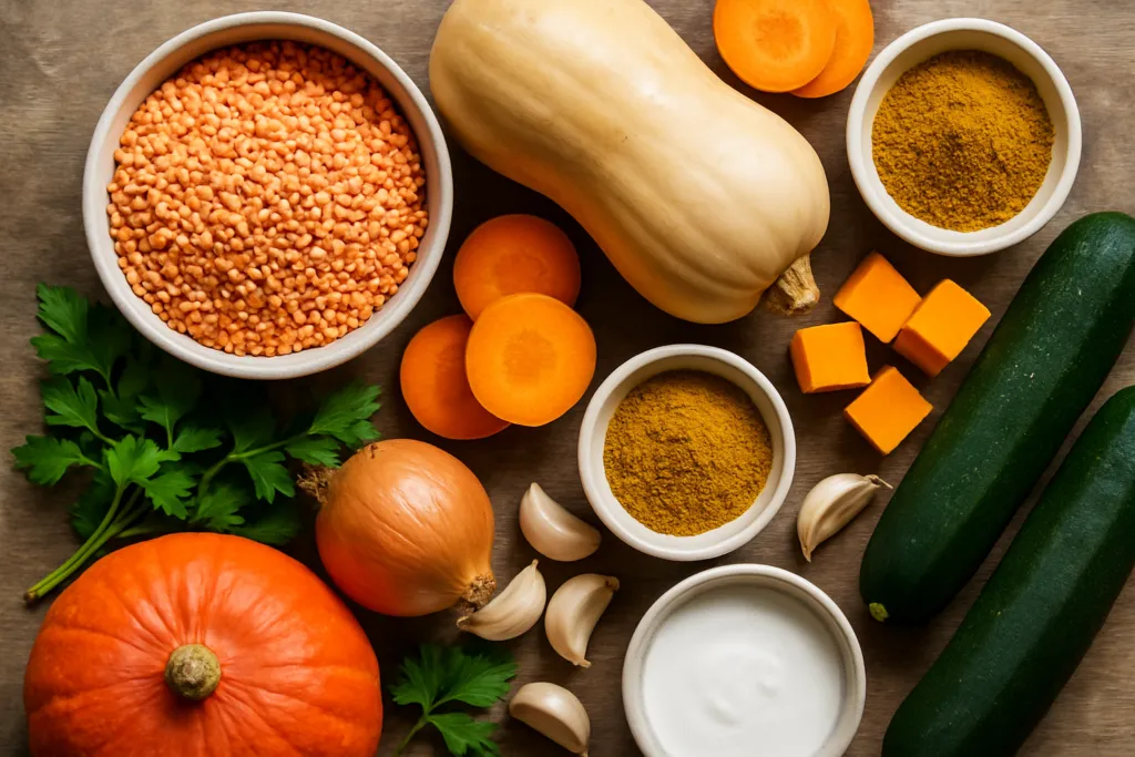 Ingrédients pour Curry de Lentilles Corail aux Légumes d'Automne Vegan Gourmand