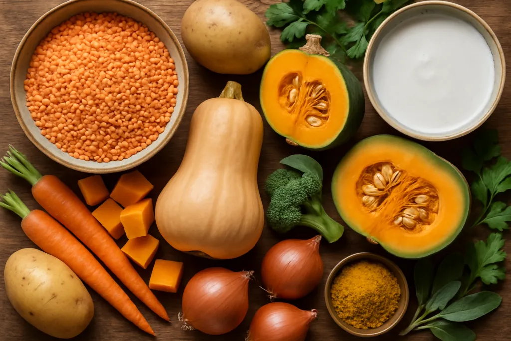 Ingrédients pour Curry de Lentilles Corail aux Légumes d'Automne et Lait de Coco