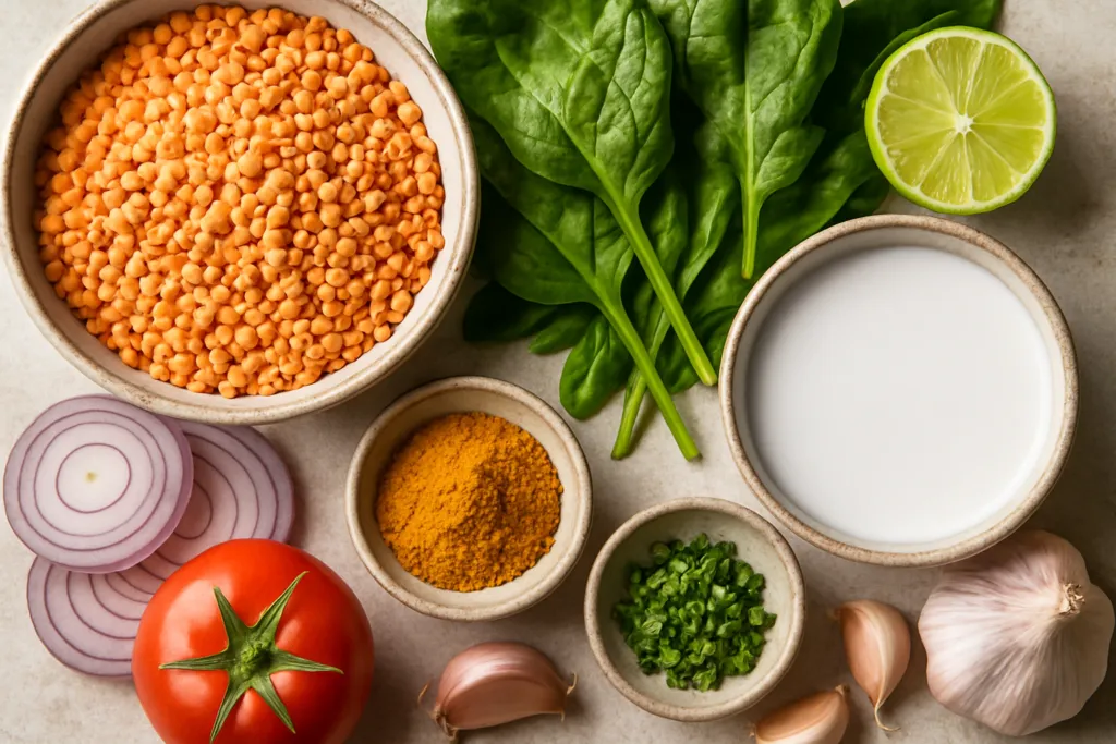 Ingrédients pour Curry de Lentilles au Lait de Coco et Épinards Frais