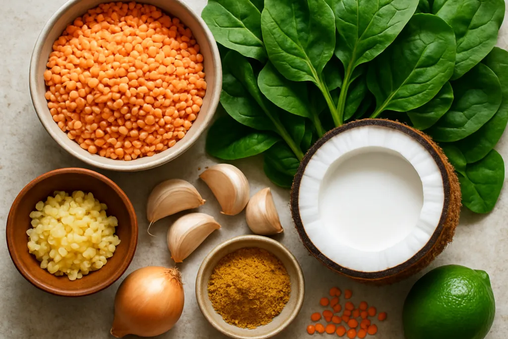 Ingrédients pour Curry de Lentilles au Lait de Coco et Épinards Sans Lactose