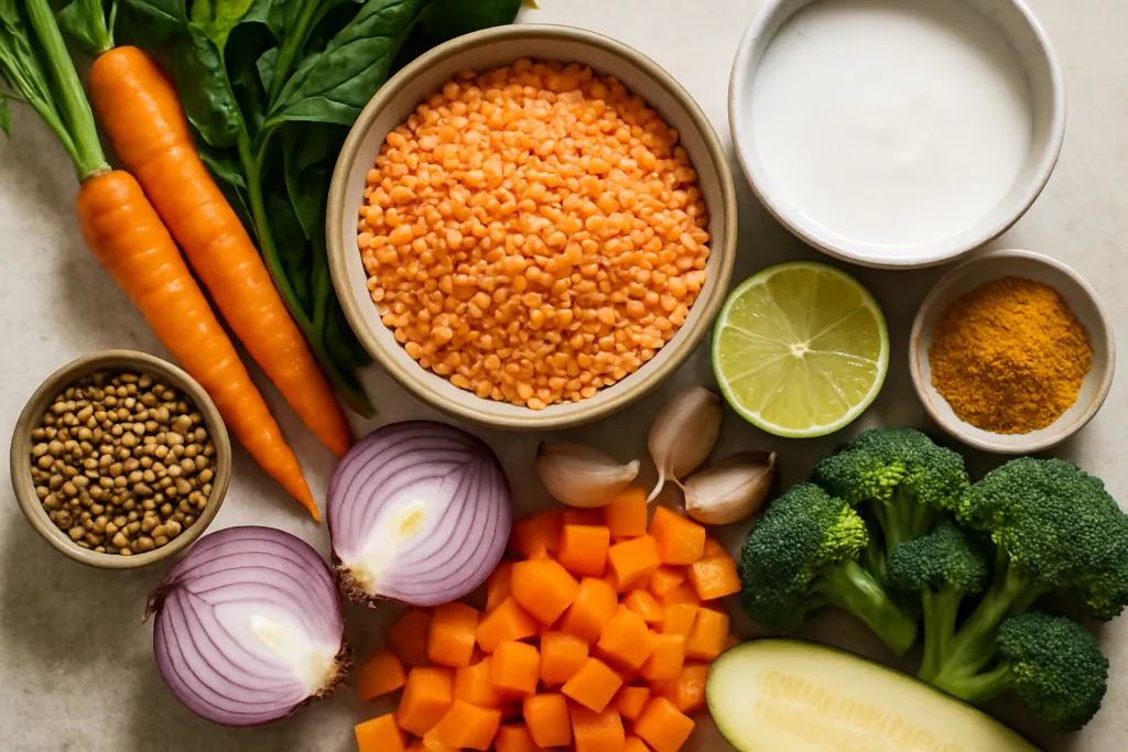 Ingrédients pour Curry de Lentilles aux Légumes Sans Gluten et Végétarien