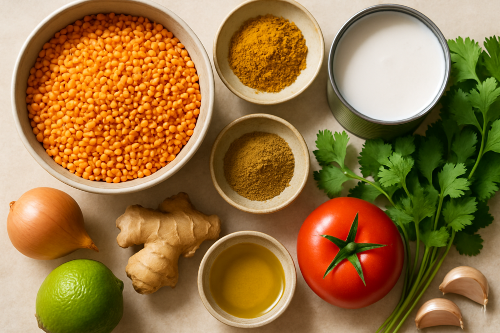 Ingrédients pour Curry de lentilles corail au lait de coco sans lactose
