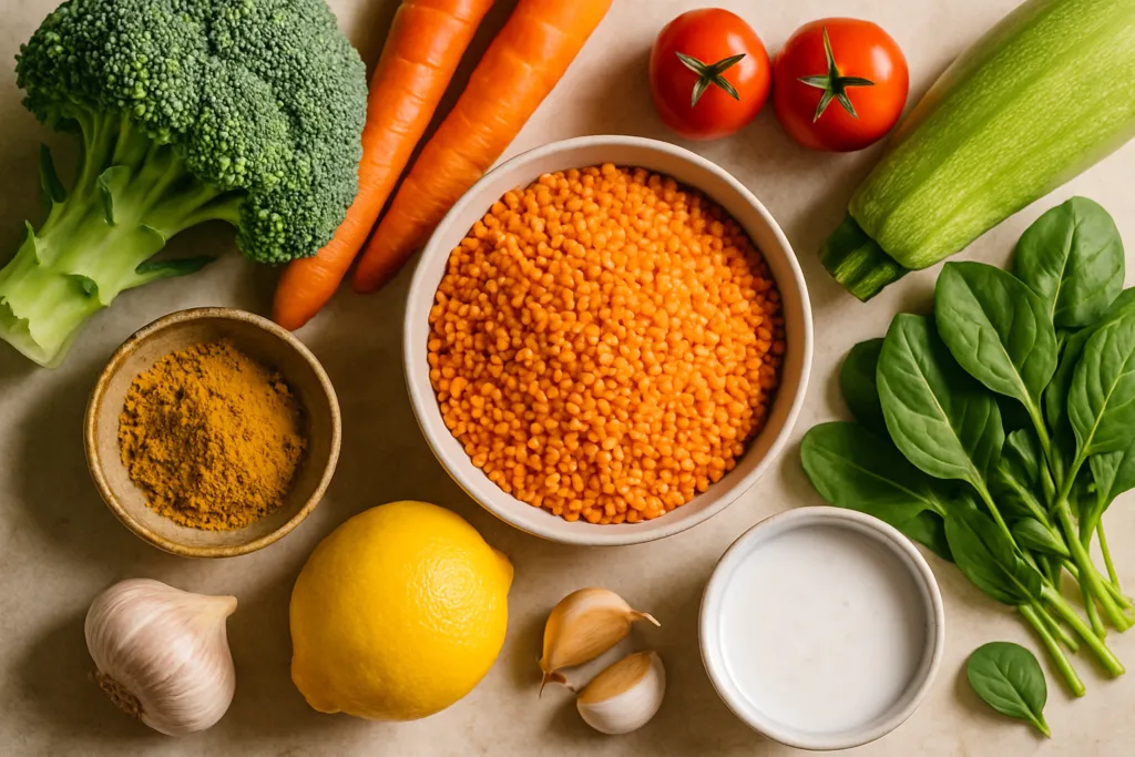 Ingrédients pour Curry de lentilles corail aux légumes sans gluten et végétarien