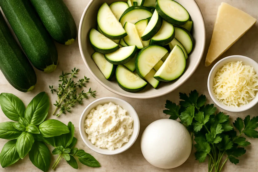 Ingrédients pour Gratin de Courgettes aux Trois Fromages et Herbes Fraîches