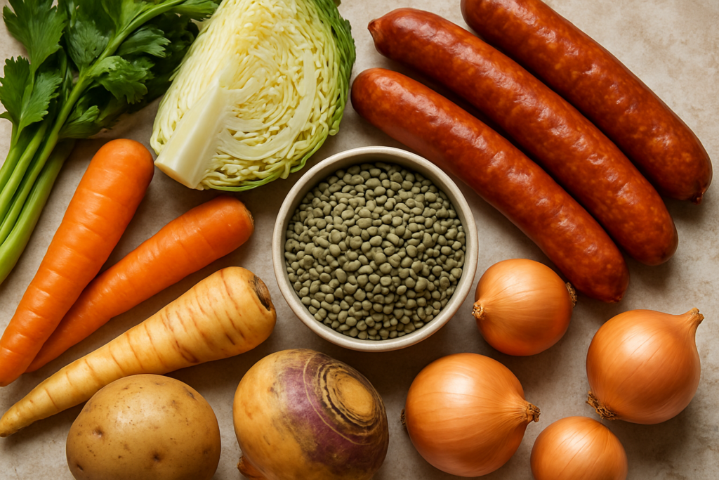 Ingrédients pour Potée de lentilles aux légumes d'hiver et saucisses fumées réconfortante