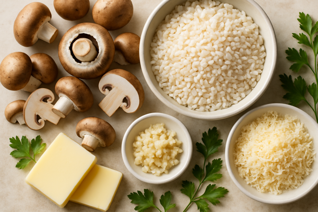 Ingrédients pour Risotto Crémeux aux Champignons et Parmesan Sans Gluten Parfait