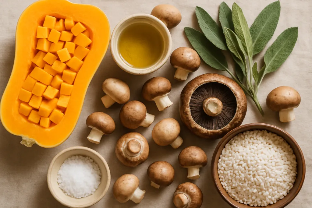 Ingrédients pour Risotto de Courge Butternut aux Champignons et Sauge d'Automne