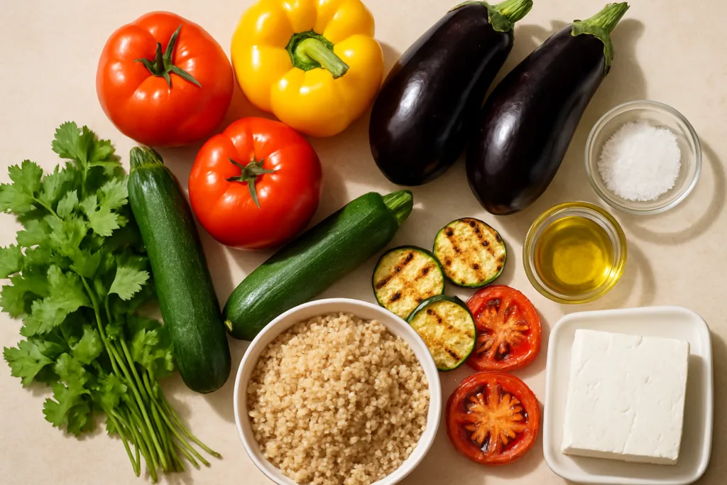 Ingrédients pour Salade de Quinoa aux Légumes Grillés et Feta Fraîche