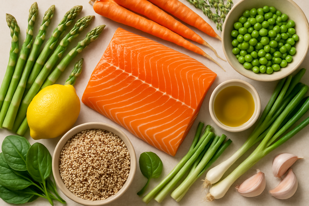 Ingrédients pour Saumon Grillé aux Légumes Printaniers et Quinoa Parfumé