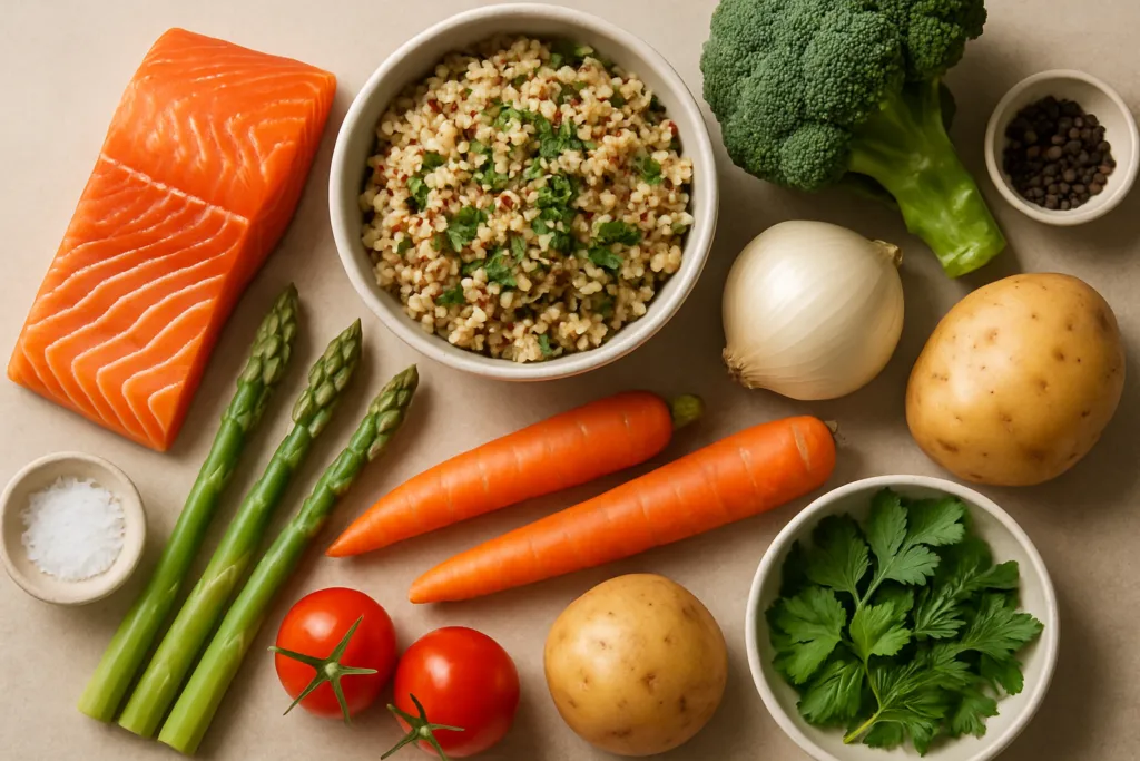 Ingrédients pour Saumon aux légumes de saison et quinoa aux herbes fraîches