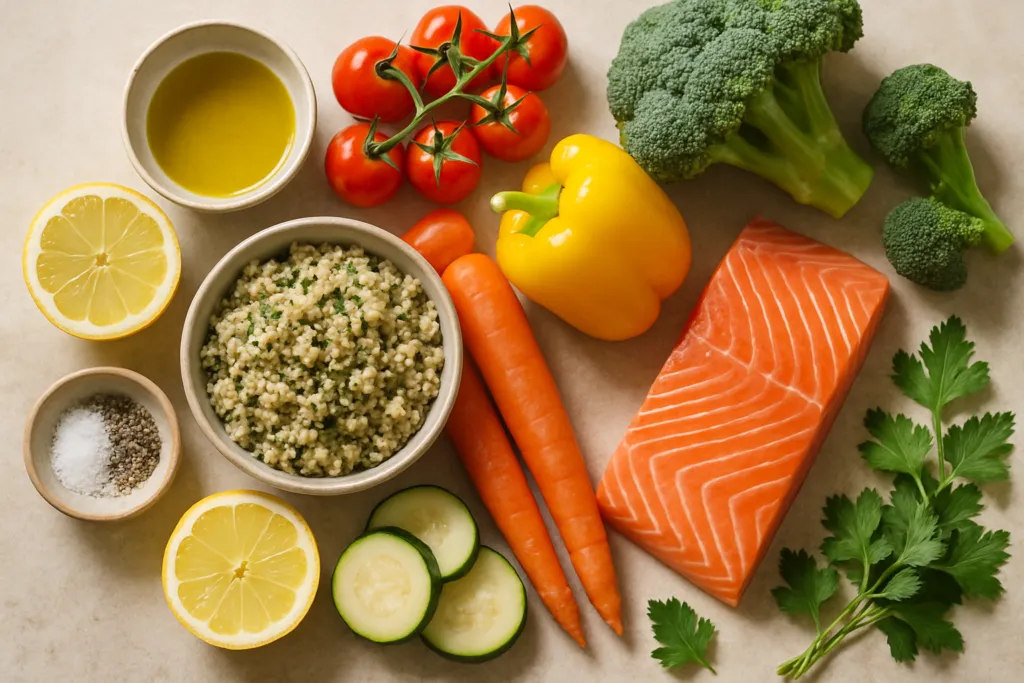 Ingrédients pour Saumon grillé aux légumes de saison et quinoa aux herbes