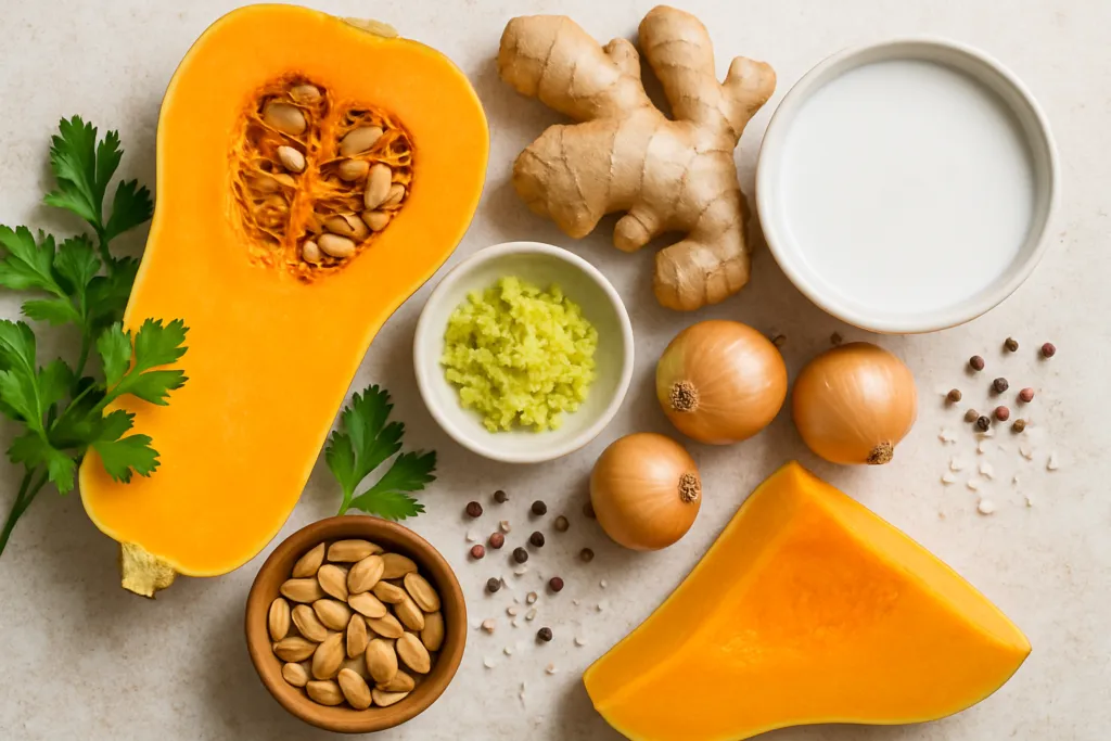 Ingrédients pour Velouté de Butternut au Gingembre et Lait de Coco Healthy