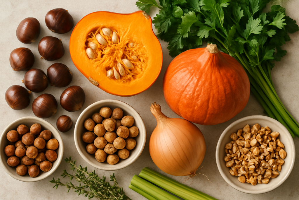 Ingrédients pour Velouté de potimarron aux châtaignes et noisettes grillées