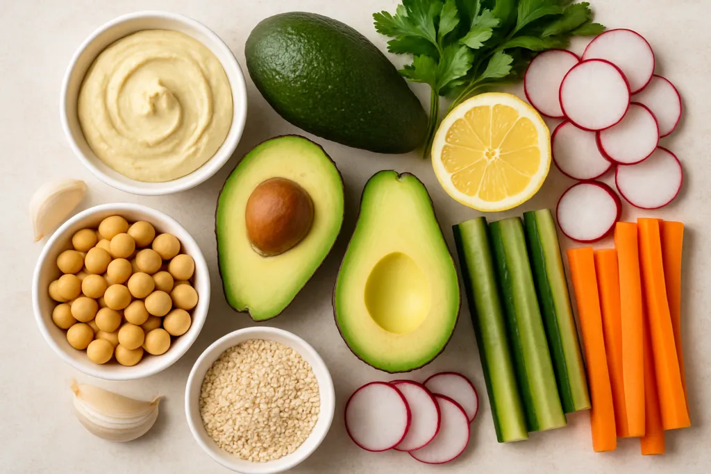 Ingrédients pour Verrines de Houmous Avocat et Légumes Croquants Healthy