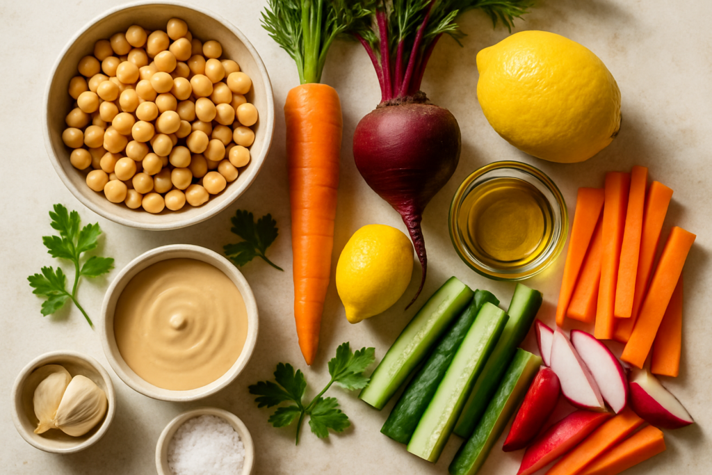 Ingrédients pour Verrines de Houmous Coloré aux Légumes Croquants pour l'Apéro