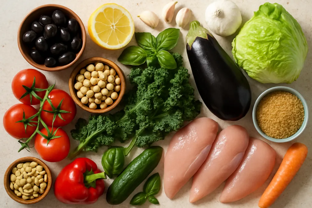 Ingrédients pour Mon Batch Cooking Méditerranéen : 5 Repas Équilibrés en 2h