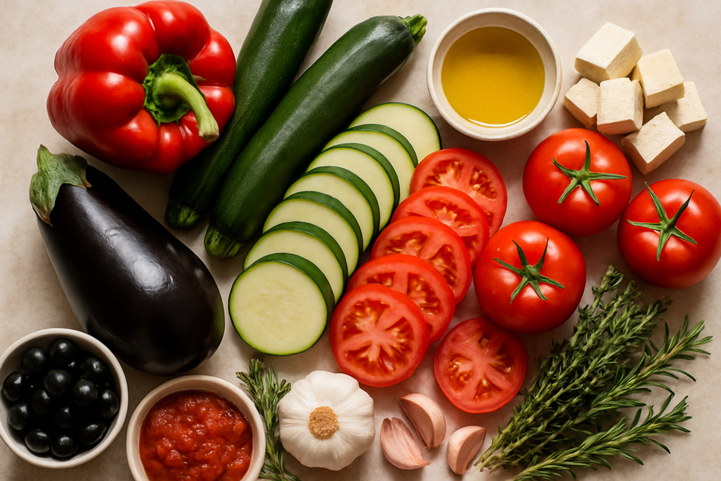 Ingrédients pour Ma ratatouille revisitée vegan, un voyage en Provence