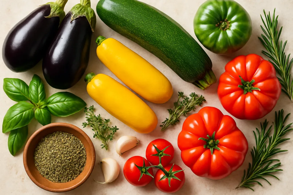 Ingrédients pour Ratatouille végan de ma grand-mère revisitée aux herbes de Provence