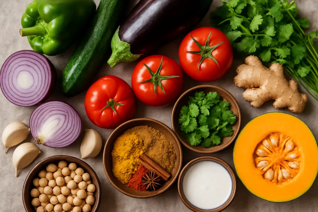 Ingrédients pour Ma ratatouille revisitée en curry vegan parfumé aux épices d'Asie