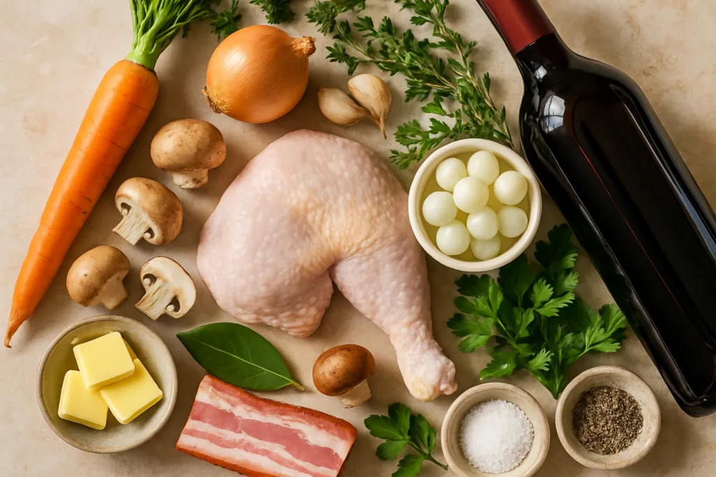 Ingrédients pour Coq au Vin de Bourgogne comme ma Grand-Mère Louise