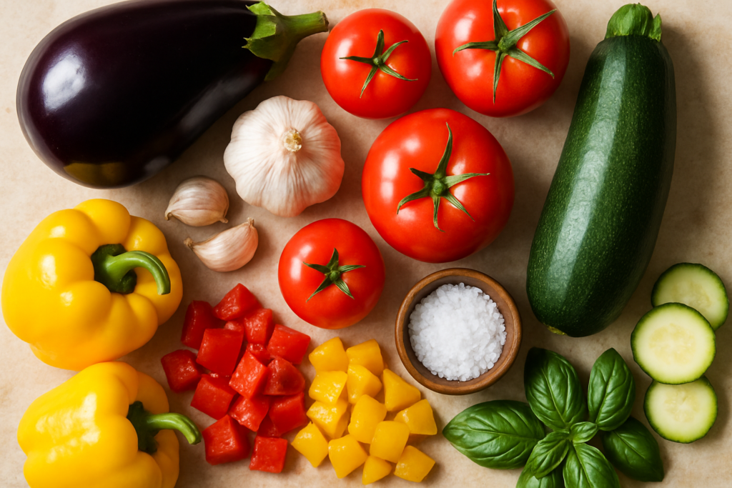 Ingrédients pour Ma ratatouille vegan revisitée aux légumes du soleil lyonnais