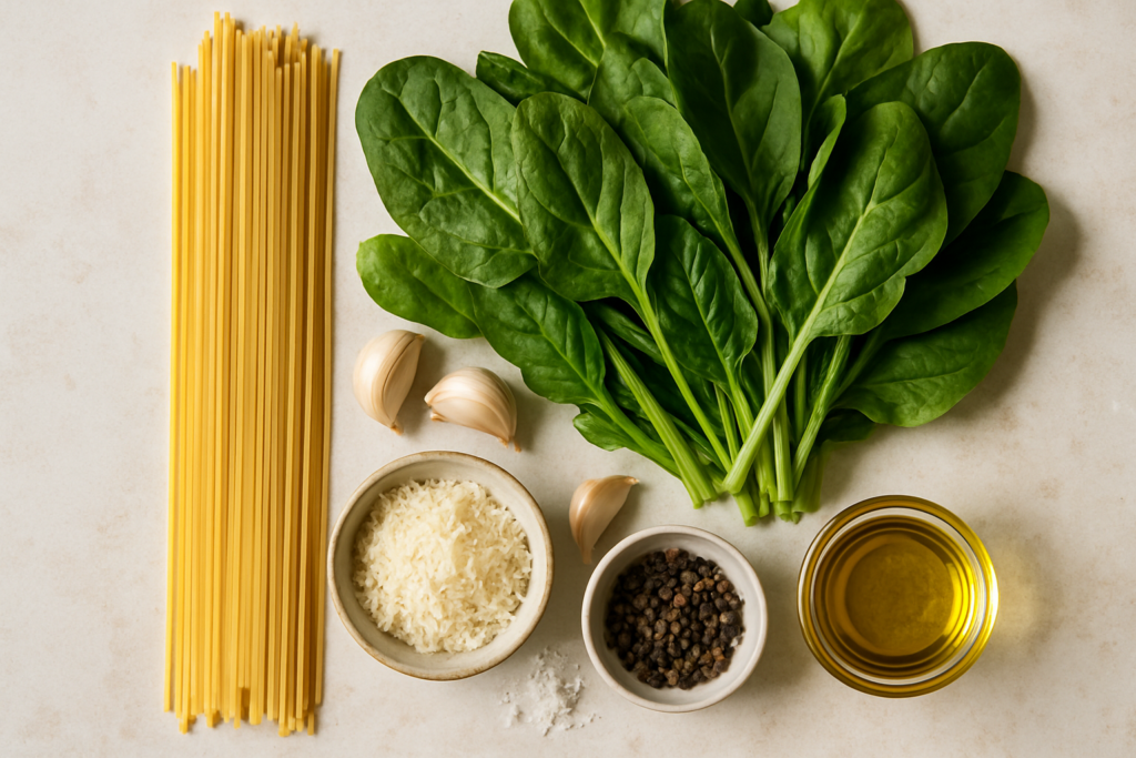 Ingrédients pour Spaghetti aglio olio aux épinards frais, ma version express