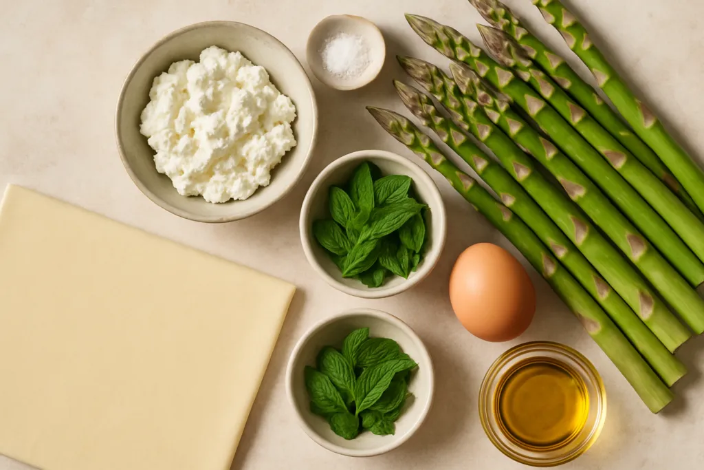 Ingrédients pour Tarte aux asperges vertes et chèvre frais de printemps