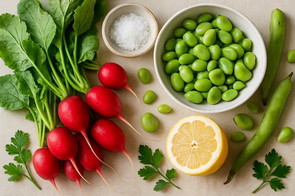 Ingrédients pour Ma salade de radis nouveaux aux fèves fraîches, un délice printanier
