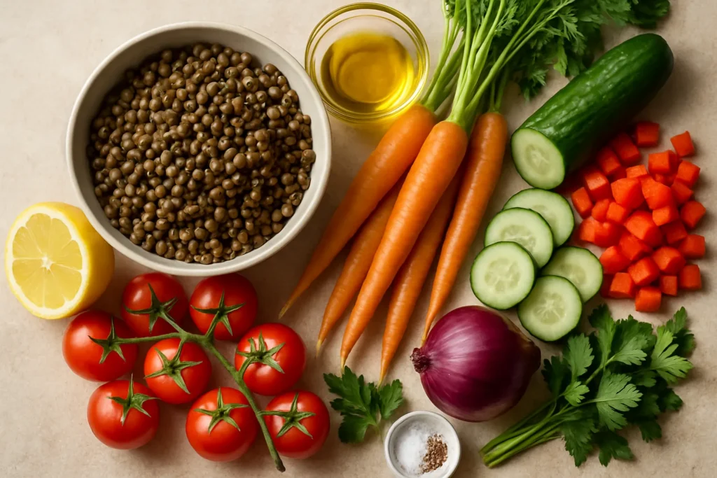 Ingrédients pour Salade de lentilles tiède aux légumes croquants - ma version express