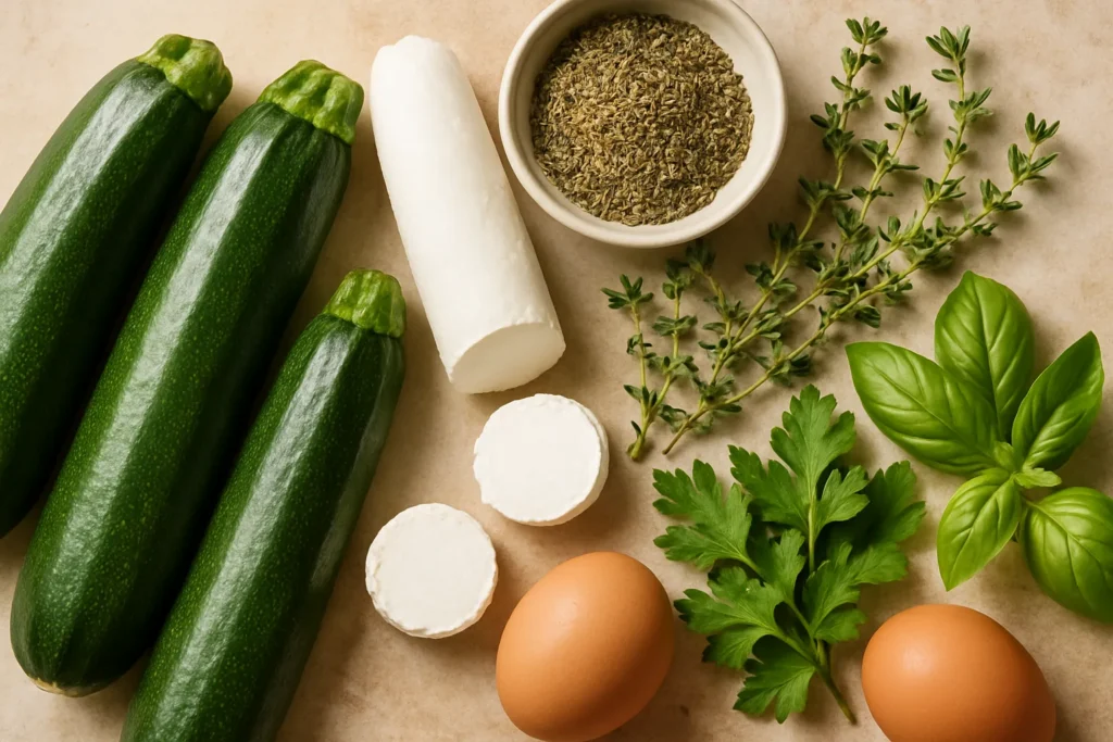 Ingrédients pour Gratin de courgettes au chèvre frais et herbes de Provence