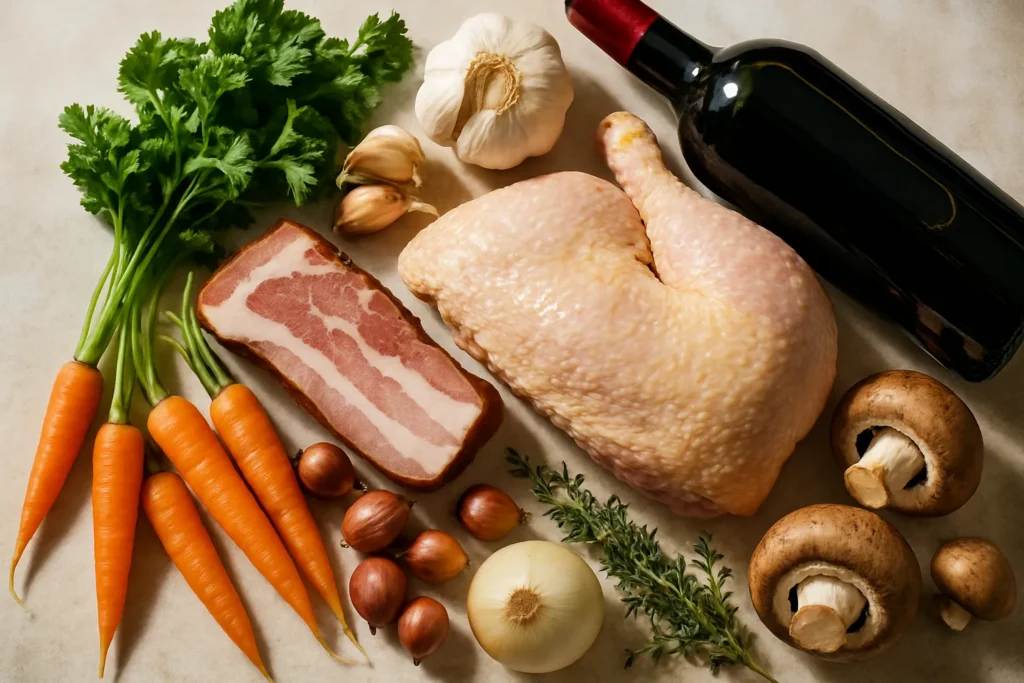 Ingrédients pour Mon coq au vin revisité à la lyonnaise, tradition et fraîcheur