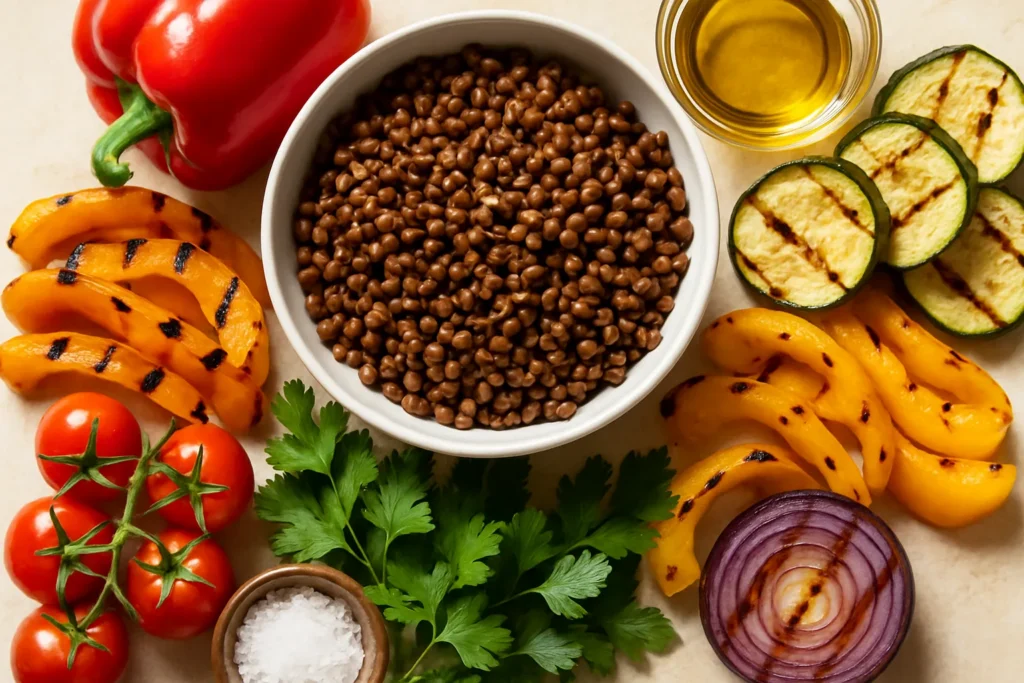 Ingrédients pour Salade de lentilles aux légumes grillés : ma recette express
