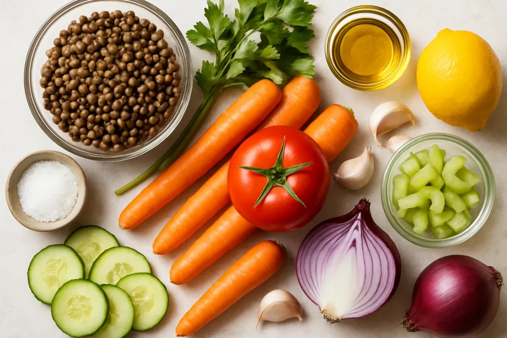 Ingrédients pour Salade de lentilles tiède aux légumes croquants - mon express préféré